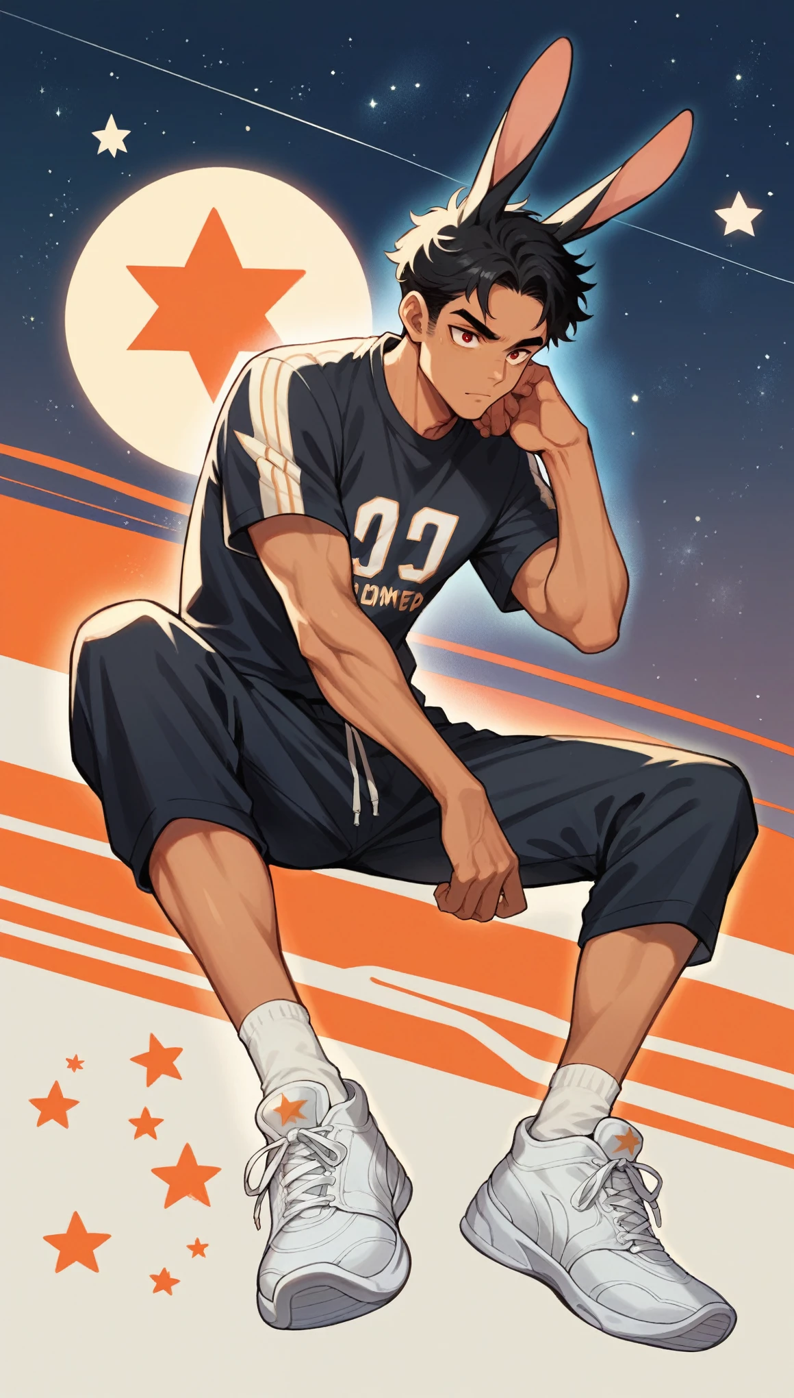 Handsome boy,Black Hair,Sunburned skin,Black rabbit ears,Sportswear,Slim body,Sitting on a meteorite,He has a pair of warm red eyes,Stars background,White socks,White sneakers