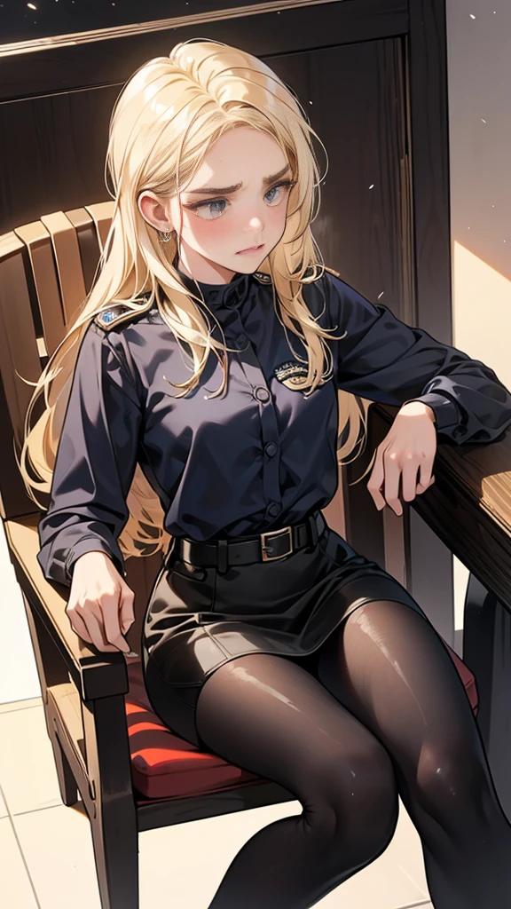 {{masterpiece}}, {{{Highest quality}}},{{Very detailed}},{{{from below}}}、View from below、Low - Angle,{{Blonde female police officer sitting on a chair}}Pencil skirt with slits,belt Black leggings,Black tights,Small breasts Black underwear、Thin legs long sleeve police uniform,Sitting in a chair in an office with a serious expression,Focus on legs{{{Sitting in a chair in an office with a serious expression成熟した女性}}},{{疲労でSweatをかいている成人女性}},Sweat,Hold the arm with one hand ,sit,{{Blushing}},{{V-shaped eyebrows}}},{{{}},{椅子にsit}},{},, ,{{}},,,{{}},{{}},,Slender body}}{{Female police officer}},,blush,Wrinkles ,amount,Grit your teeth,suffering,v-shaped eyebrows.,Sweat dripping ,get annoyed,,Inside the office,