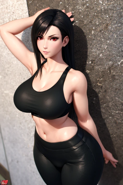 4k, masterpiece, high resolution, 3D art style, Tifa Lockhart, 1girl, mature, beautiful and detailed face, red eye, long black hair, slender hips, thick thighs, huge and droopy breast, huge round ass, sport bra and yoga pant, fishnet stocking, lean against the wall, hand above her head