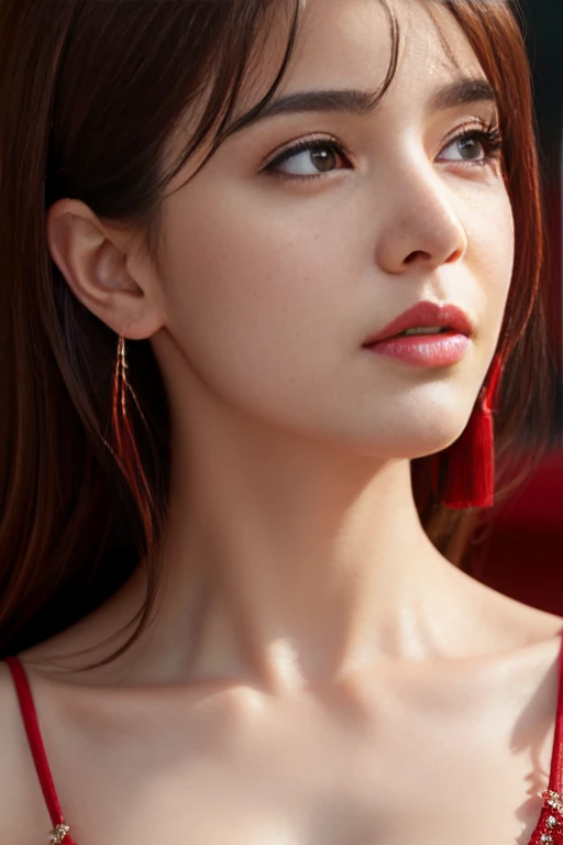 masterpiece, Highest quality, Realistic, Very detailed, Finer details, High resolution, 8k wallpaper, One beautiful woman,Wear Scarlet'S See-through Shirt, In a great restaurant, At night, Light brown messy hair, Perfect dynamic composition, Beautiful and beautiful eyes、Big earrings