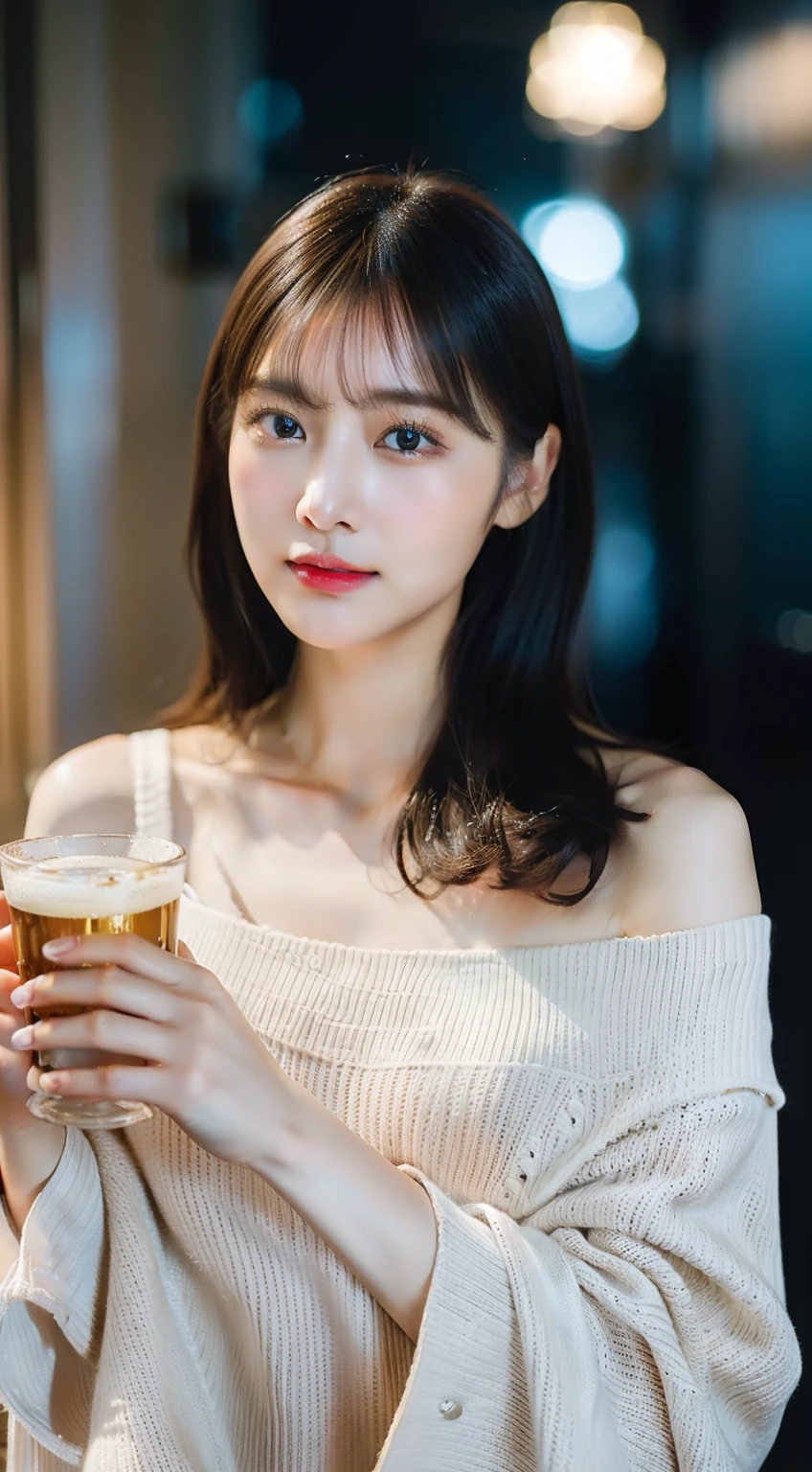 best quality ,masterpiece,ultra high res,(photo realistic:1.4), 1 girl, looking at viewer, Wearing oversized off-shoulder knit over lingerie, korean famous actress, very beautiful,kawaii, Cinematic, 35mm lens, f/ 1. 8, accent lighting, 8k, holding beer, beer