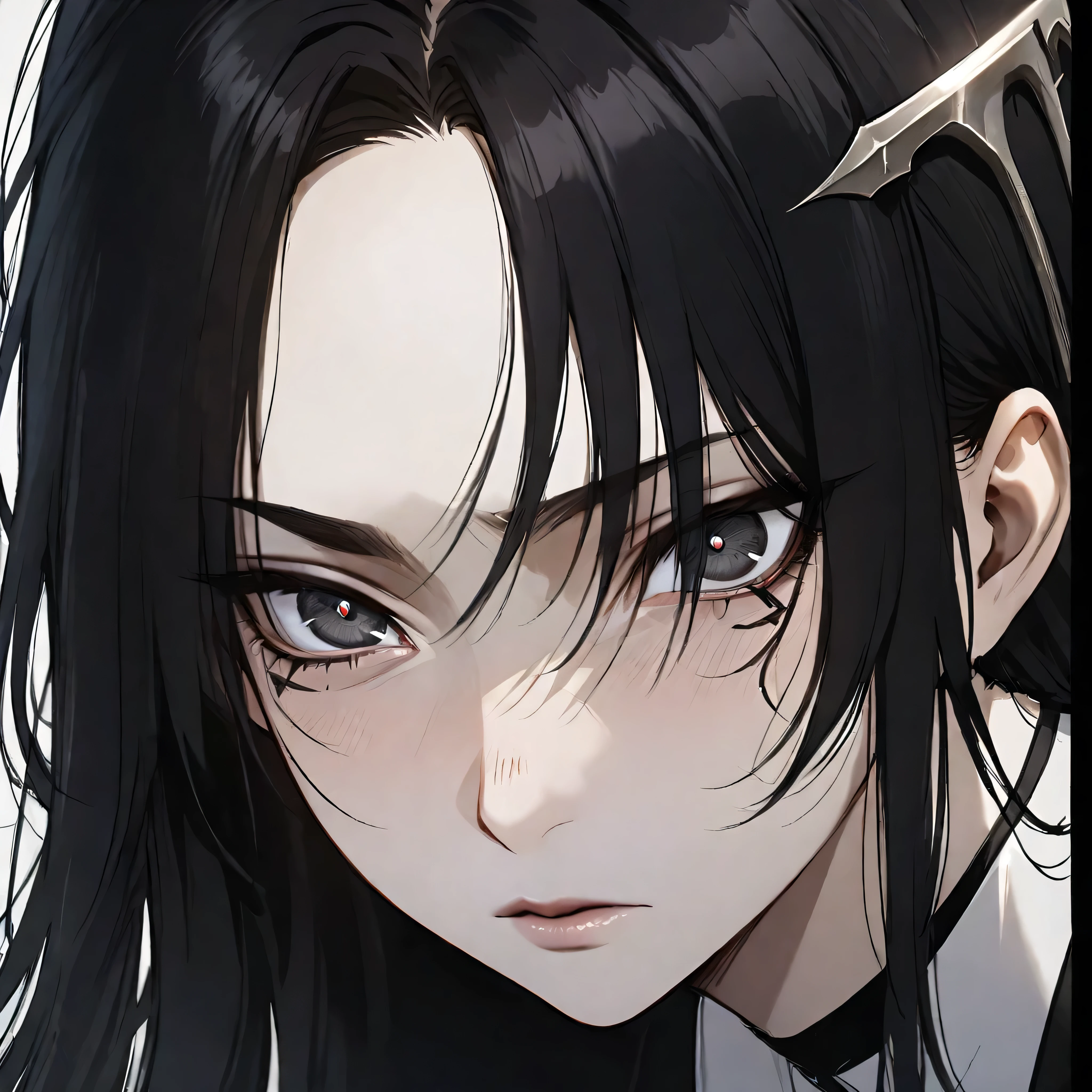 (masterpiece high quality, modern clothes, face close-up 3x4, arcane, caitlyn, black hair, 1girl, long hair, bangs, black attire, messy hair, white top suit, black clothes, anime style character, highly detailed exquisite fanart, realistic anime, black eyes, com os olhos fechados)