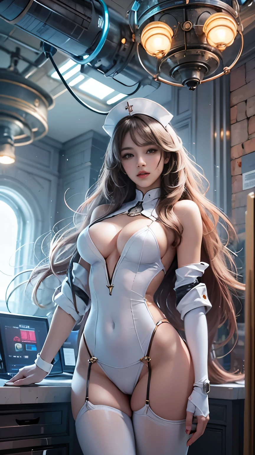 Spaceship examination room, 8k resolution, masterpiece, Highest quality, Award-winning works, unrealistic, Only sexy women, healthy body, Age 25, White wavy long hair, hair band, Large, firm, swaying bust, nurse, Nurse uniforms with complex structure, nurse cap, Stethoscope, elegant, Very detailed, Digital Painting, artステーション, コンセプトart, Smooth, Sharp focus, shape, artジャム、Greg Rutkowski、Alphonse Mucha、William Adolphe Bouguereau、art：Stephanie Law , Magnificent hospital background, Royal Jewel, nature, Full Shot, Symmetric, Greg Rutkowski, Charlie Bowwater, beep, Unreal 5, Surreal, Dynamic Lighting, ファンタジーart, Complex colors, Colorful magic circle, flash,  Dynamic sexy pose,  A robot suit with a complex structure, Complex colorsのロボットスーツ, Tight robot suit, Hospital room, 