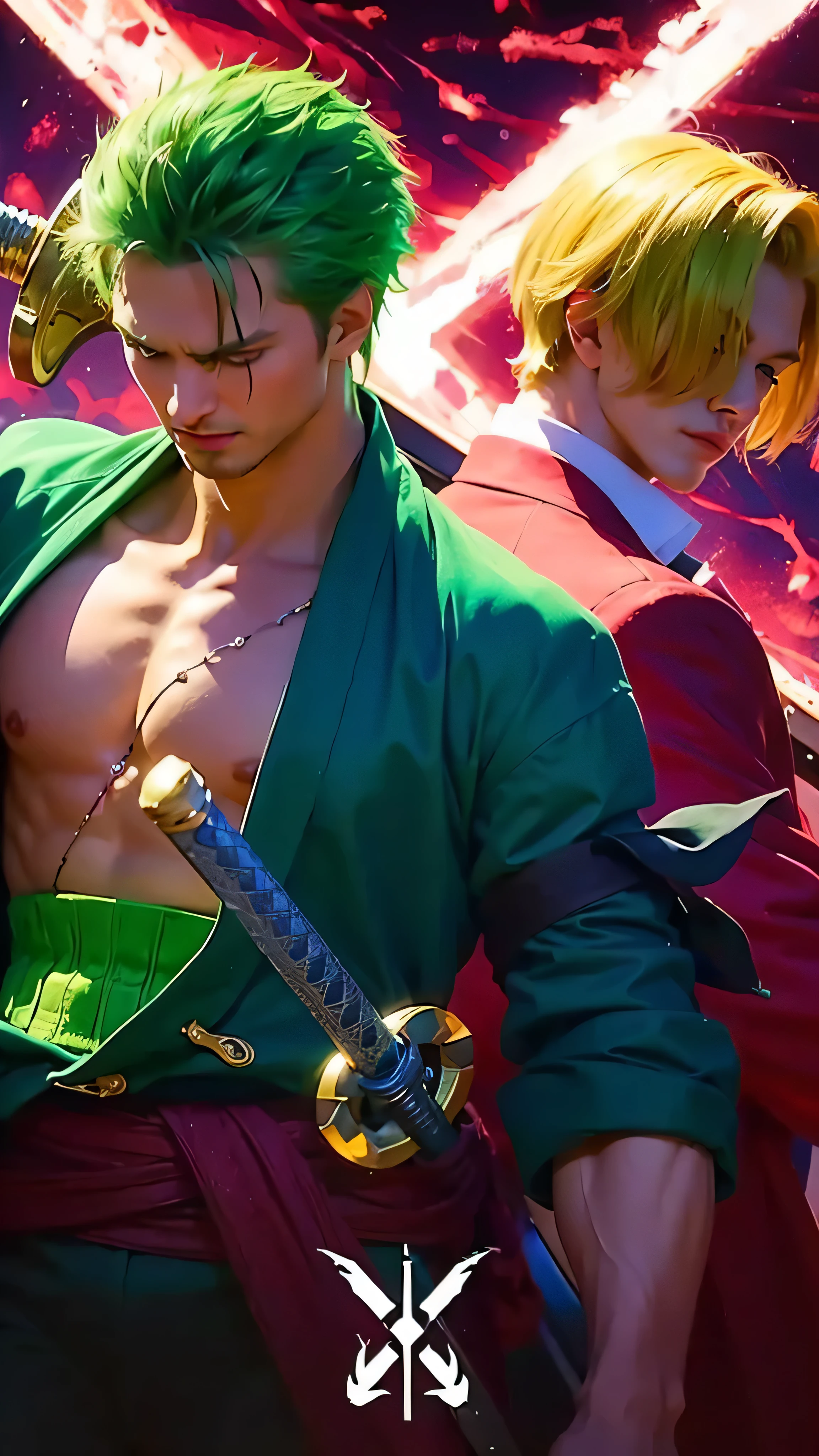 Full wide eyes , scar on chest and left eye,  semi realism style, realism,CGI, bright back light, realism style, ultra HDR, octane rendering, best quality, serious 8K, Panoramic view, looking at viewer, masterpiece, 16k, particle, 4k, realistic, Holographic, UHD, HDR, unreal engine 5, 4K, vibrant, High definition details, depth field In the heart of a vividly colored chamber, hues of red and blue swirled together like a tempestuous sky at dusk, two figures commanded attention with their poised intensity. On the left, a man with spiky emerald hair stood with an aura of authority, his stern expression etched with determination. Clad in a flowing green robe that draped over his muscular frame, the robe's open chest revealed the chiseled contours of his chest and abdomen. In his grip, a sword with a hilt gleaming in radiant gold, its blade catching the ambient light with a promise of formidable skill.

Opposite him, bathed in the ambient crimson and azure, stood a figure whose blonde locks cascaded over one eye, lending him an air of mysterious focus. His attire, a sharply tailored red suit complemented by a deep blue shirt and tie, spoke of refined elegance fused with readiness for combat. Like his counterpart, he wielded a sword of equal craftsmanship, its golden hilt mirroring the other's in its craftsmanship and purpose.

The dynamic between them was palpable, tension woven into the fabric of their stances. The man with green hair exuded a sense of seasoned leadership, shoulders squared and gaze unyielding. His sword arm poised with the assurance of countless battles won, yet his eyes reflected a readiness for the challenge ahead.

Conversely, the man with blonde hair exuded a different kind of readiness - a strategist's calm, tempered by the gravity of the moment. His grip on his sword bespoke of a precise control, a testament to his mastery of the blade despite the tumultuous backdrop.

