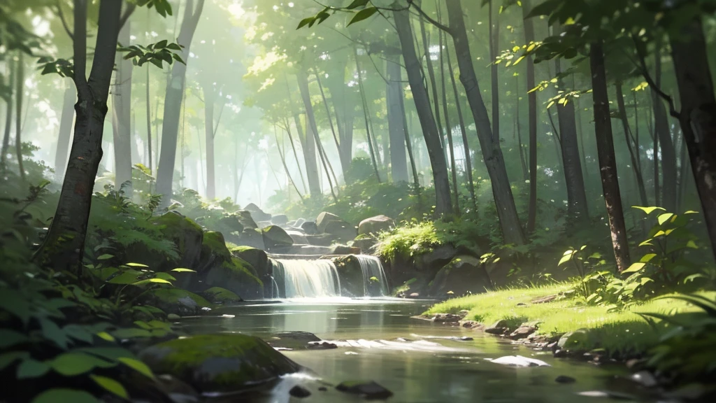 "Generate an image of a serene morning in a forest. The scene should include birds chirping in the trees, the gentle rustling of leaves, and a babbling brook flowing through the background. The sunlight filters through the canopy, casting soft, dappled light on the forest floor, creating a peaceful and natural ambiance."