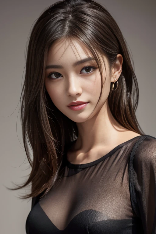 Tabletop, Highest quality, Realistic, Very detailed, finely, High resolution, 8k wallpaper, One beautiful woman,, Light brown messy hair, He is wearing a black see-through open-necked shirt.。....., Sharp focus, Perfect dynamic composition, Beautiful and detailed, Thinning hair, Detailed Realistic skin texture, smile, Close-up portrait, Model body type、president'secretary、mini skirt、High heels、