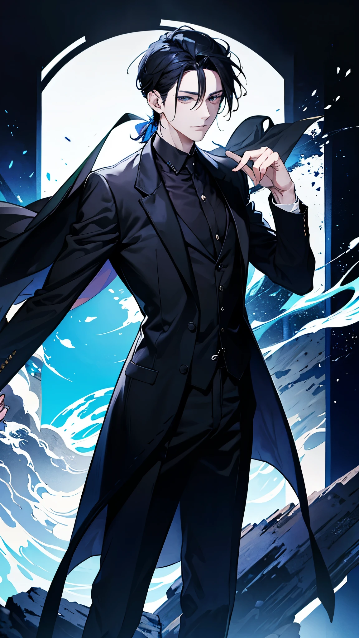 A man around 35 years old、A man with waist-length black hair tied back、Wearing a black suit、Eye color is a calm blue、