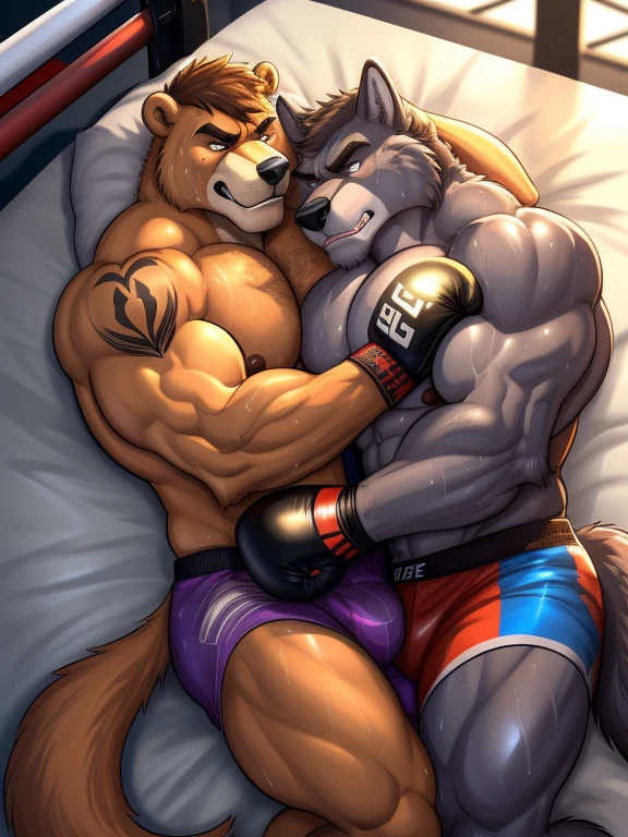 Duo male(Brown Bear vs Gray wolf, handsomes, handsome hairstyle, tails, Thick eyebrows), gay(Lying down, cuddling embraced, body against body, on a bed match), hot(Shirtless), handsomes(They are handsomes, correct anatomy), musculosos(Big muscle bodies, Six packs, muscle abs, big pecs, muscle backs, muscle legs), sweaty(very sweaty wet bodies, shiny sweat), tatuajes(they have tattoos), Grumpy(Both have an grumpy expression, growling, grumpy teeths, steaming breath), boxing gloves(They both are wearing boxing gloves), UFC boxers(they both are wearing ufc boxers), Hight resolution, by(Zourik:1.1) 