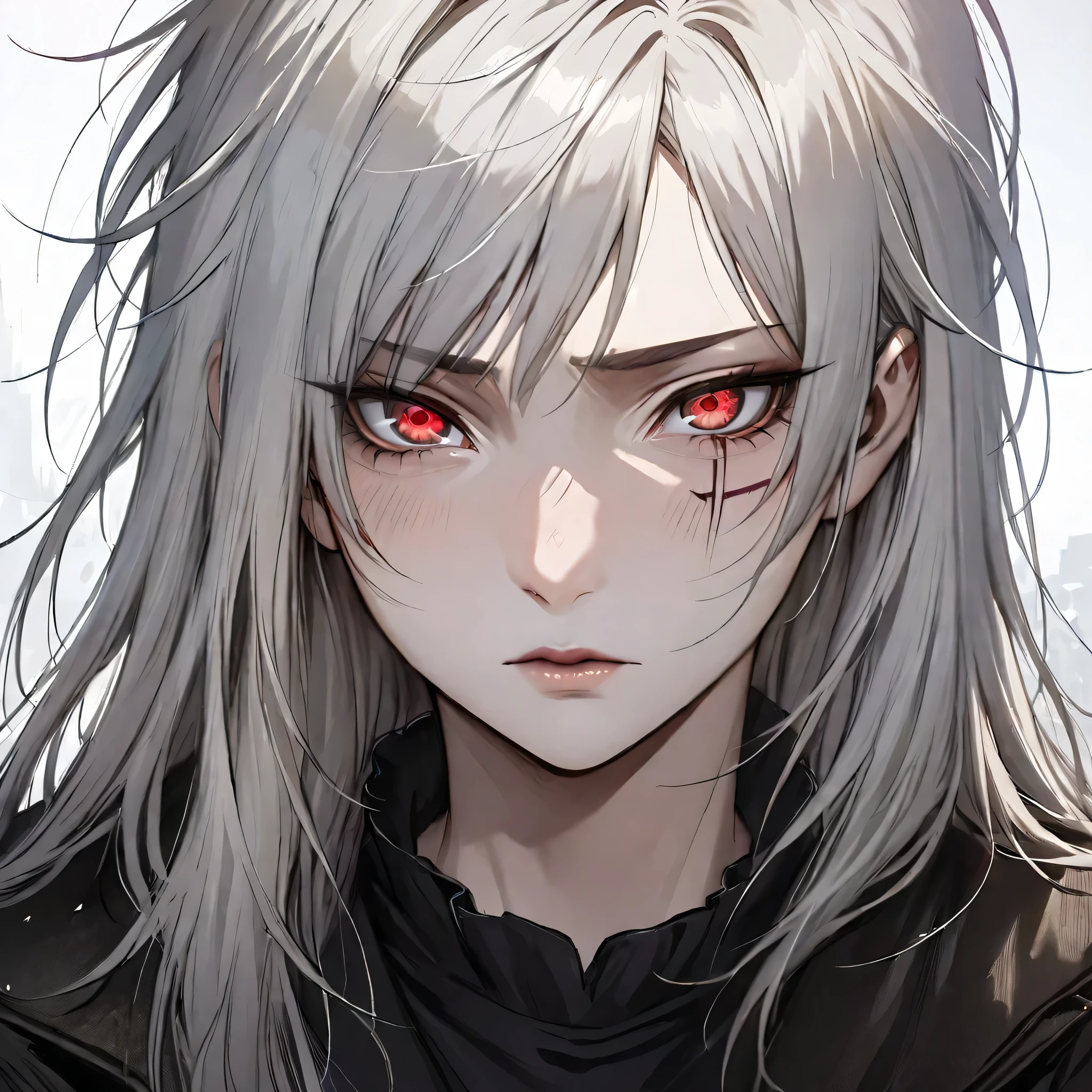 (masterpiece high quality, modern clothes, face close-up 3x4, arcane, caitlyn, White hair, 1girl, long hair, bangs, black attire, messy hair, black top suit, black clothes, anime style character, highly detailed exquisite fanart, realistic anime, red eyes)