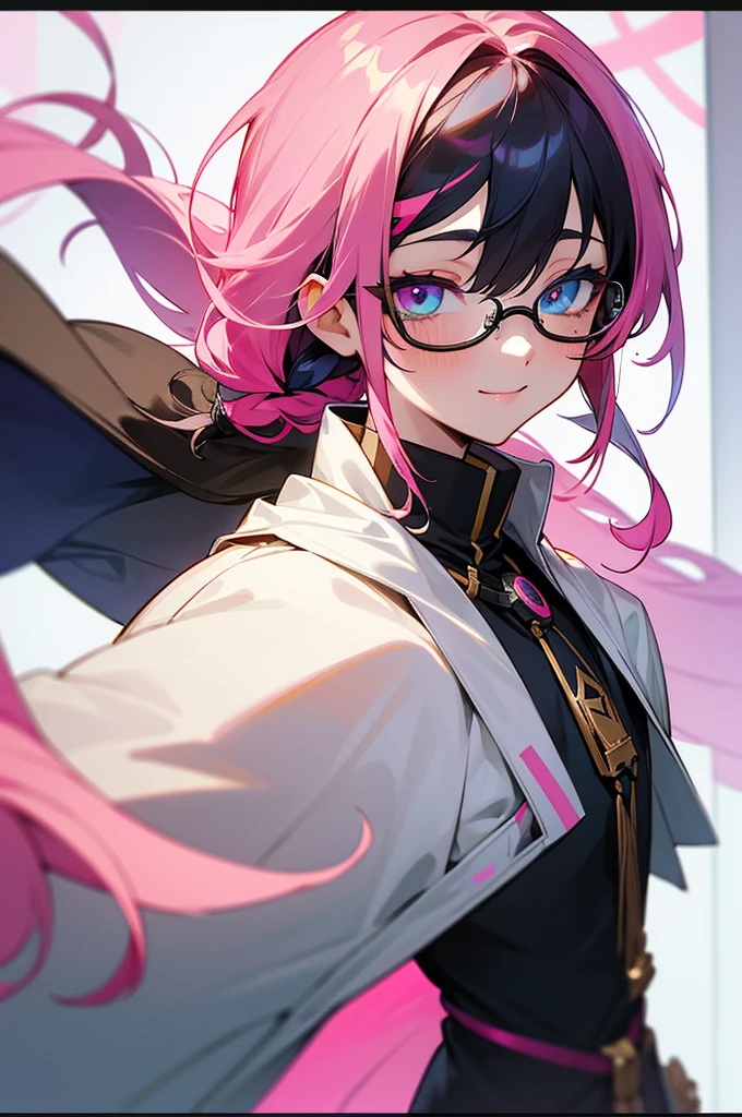 , ultra detailed, masterpiece, Golden ratio, (solo:1.3), smile, 1boy, Otoko no ko,trap, (heterochromia, blue eyes, pink eyes:1.3), mole under eye, eyelashes, glasses, medium hair, multicolored hair, pink hair, black hair, long sidelocks, bangs, hair flaps, side braid, hair between eyes, flipped hair, x hair ornament, layered clothes,