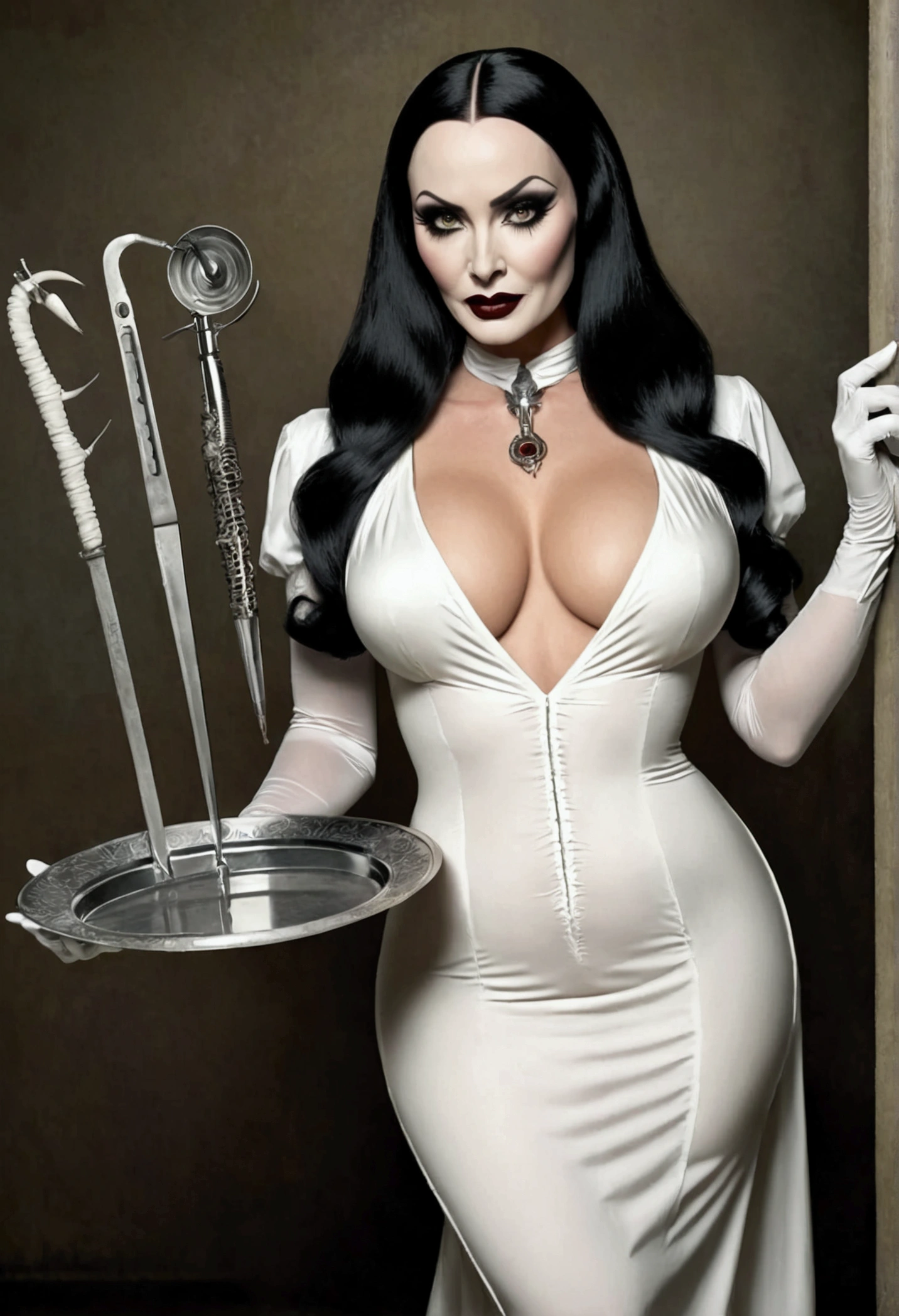 Morticia Adams, in a slinky nurses dress with several deep revealing splits, carrying a tray of scary medical tools, sultry stance

