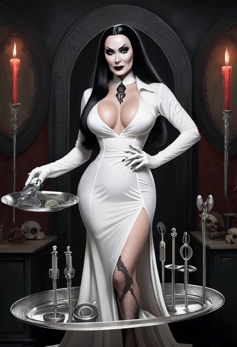 Morticia Adams, in a slinky nurses dress with several deep revealing splits, carrying a tray of scary medical tools, sultry stance
