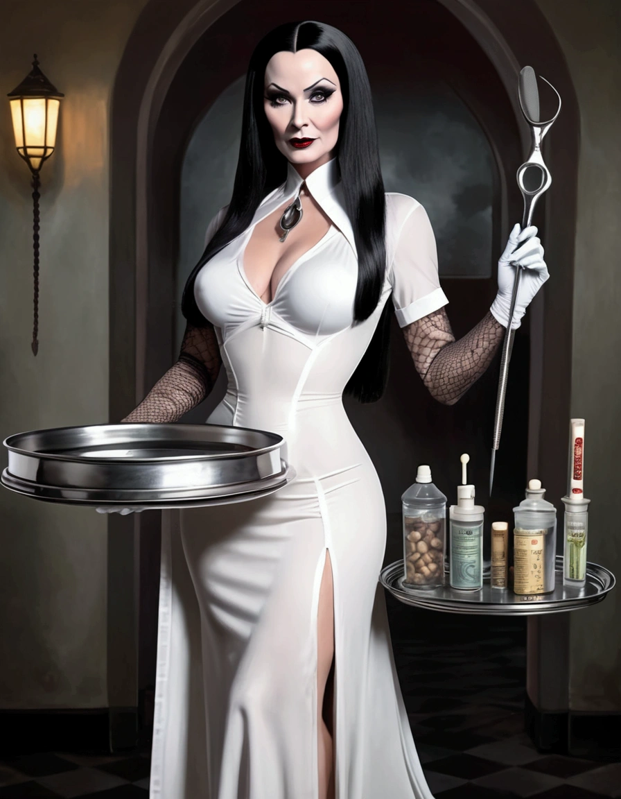 Morticia Adams, in a slinky nurses dress with several deep revealing splits, carrying a tray of scary medical tools, sultry stance
