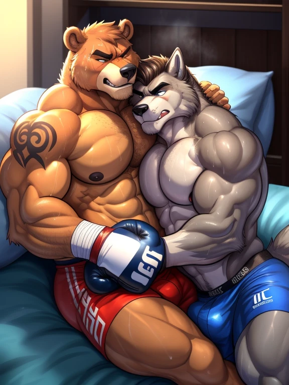 Duo male(Brown Bear vs Gray wolf, handsomes, handsome hairstyle, tails, Thick eyebrows), gay(Lying down, cuddling embraced, body against body, on a bed match), hot(Shirtless), handsomes(They are handsomes, correct anatomy), musculosos(Big muscle bodies, Six packs, muscle abs, big pecs, muscle backs, muscle legs), sweaty(very sweaty wet bodies, shiny sweat), tatuajes(they have tattoos), Grumpy(Both have an grumpy expression, growling, grumpy teeths, steaming breath), boxing gloves(They both are wearing boxing gloves), UFC boxers(they both are wearing ufc boxers), Hight resolution, by(Zourik:1.1)