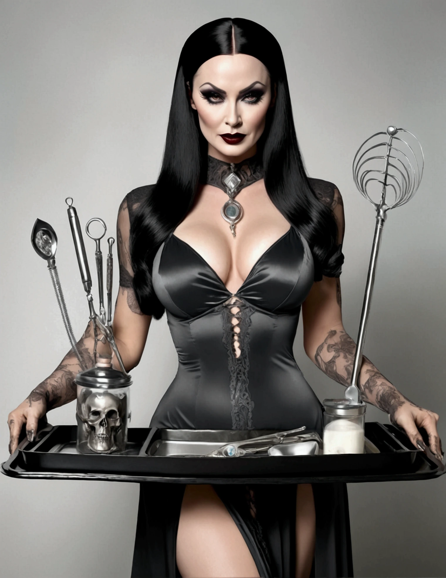 Morticia Adams, in a slinky nurses dress with several deep revealing splits, carrying a tray of scary medical tools, sultry stance