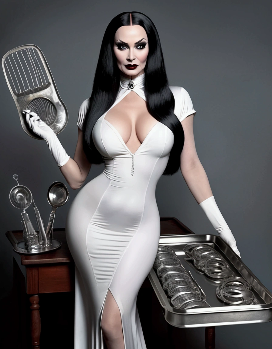 Morticia Adams, in a slinky nurses dress with several deep revealing splits, carrying a tray of scary medical tools, sultry stance