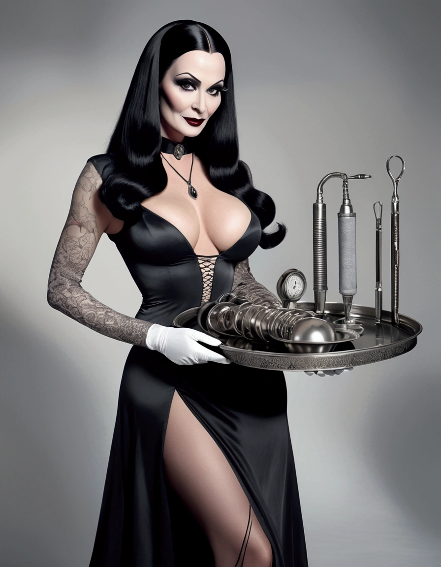 Morticia Adams, in a slinky nurses dress with several deep revealing splits, carrying a tray of scary medical tools, sultry stance
