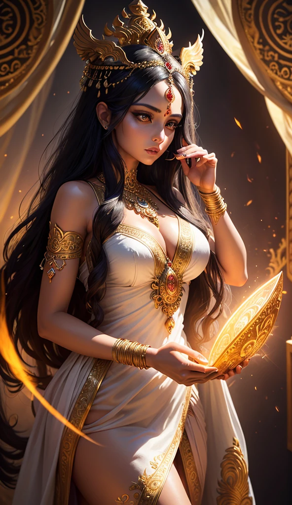 Hot a beautiful hindu goddess, detailed face, piercing eyes, full lips, long flowing dark white and golden dress, holding a trishul, a majestic lion nearby, intricate jewelry, glowing ethereal aura, highly detailed, photorealistic, dramatic lighting, vibrant colors, ornate background, digital art black long hair