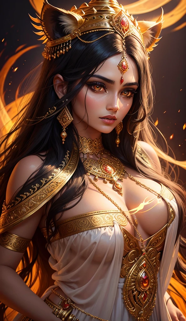 Hot a beautiful hindu goddess, detailed face, piercing eyes, full lips, long flowing dark white and golden dress, holding a trishul, a majestic lion nearby, intricate jewelry, glowing ethereal aura, highly detailed, photorealistic, dramatic lighting, vibrant colors, ornate background, digital art black long hair