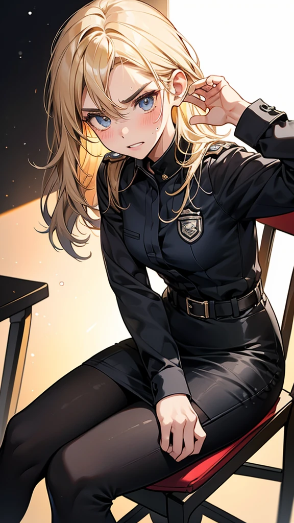 {{masterpiece}}, {{{Highest quality}}},{{Very detailed}},{{{from below}}}、{{{View from below}}}、{{{Low - Angle}}},{{Blonde female police officer sitting on a chair}}Pencil skirt with slits,belt Black leggings,Black tights,Small breasts Black underwear、Thin legs Black long sleeve police uniform,Sitting in a chair in an office with a serious expression,Focus on legs{{{Sitting in a chair in an office with a serious expression成熟した女性}}},{{疲労でSweatをかいている成人女性}},Sweat,Hold the arm with one hand ,sit,{{Blushing}},{{V-shaped eyebrows}}},{{{}},{椅子にsit}},{},, ,{{}},,,{{}},{{}},,Slender body}}{{Female police officer}},,blush,Wrinkles ,amount,Grit your teeth,suffering,v-shaped eyebrows.,Sweat dripping ,get annoyed,,Inside the office,