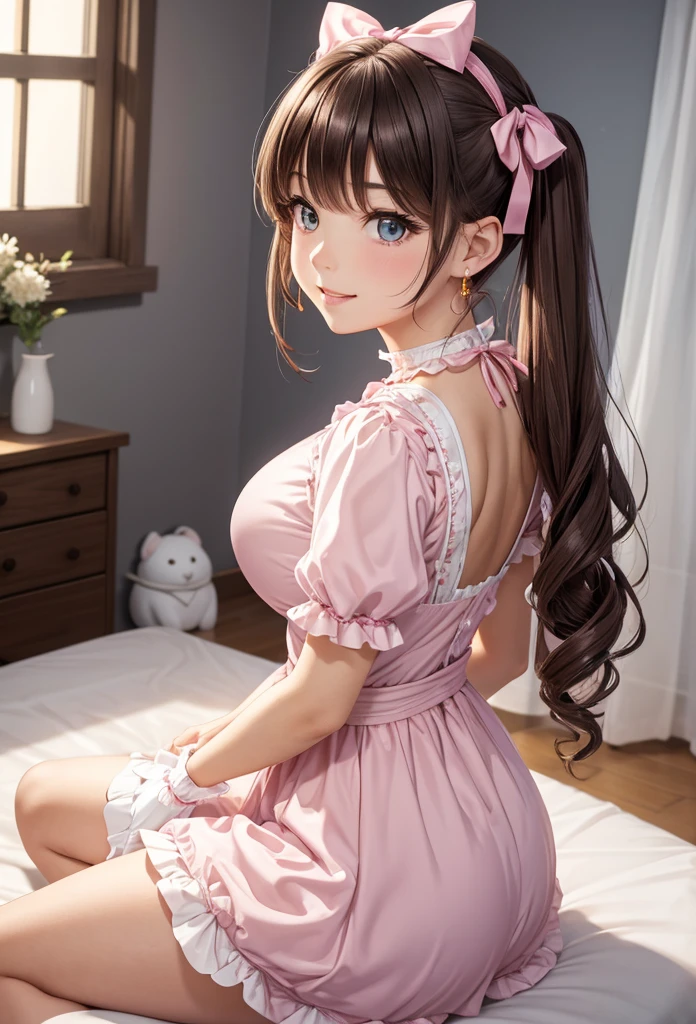 A beautiful lolita girl sitting showing her back on the bed, anime girl, in the room, home interior, pastel pink lolita dress, short sleeves, a pair of short socks, choker with a bow, short white gloves, lolita shoes fashion, dark brown hair, long wavy hair, two pigtails, swept bangs, hair ribbon, aqua eyes, bright eyes and pupils, pink lips, glossy lips, blush, earrings, big round breasts, thin waist, perfect arms, defined thighs, thin legs, looking back at viewer, flirty smile, masterpiece, high definition, natural light, high detail, anime, dithering, image fill, perspective, Wide-Angle, f/1.8, 85mm, Sony FE GM, 8k, 8k wallpaper, super detail, highly detailed CG, UHD, retina, masterpiece, accurate, anatomically correct, textured skin, highres, best quality:1.3, 16k