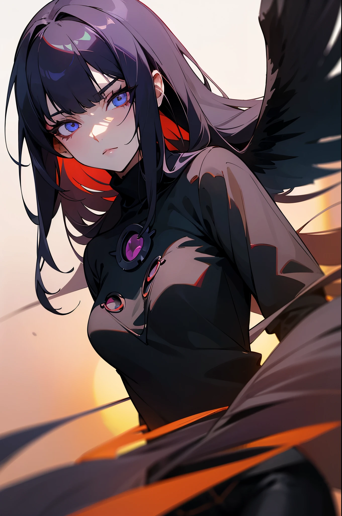 Masterpiece, Best quality, cinematic Film still from, 1girll, monstergirl, Raven woman, full bodyesbian, Portrait, Detailed (Eyes), Long (Hair), Perfect body, Proportional body, crow|raven wings, deep look, Wearing (Tops and pants), Close-up, Cool soft lighting, Sunset, (Aura:0.7)
