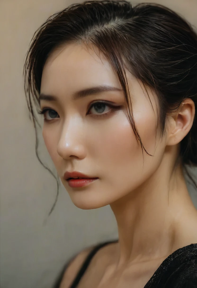 ((chinese woman, she is a professional fashion model, 30 years old, has stylish atmosphere)), wearing stylish black dress, at street, black medium hair, black eyes, closed mouth, (Slanted Eyes, Hanging eyes, small eyes, narrow eyes:1.2), (No-makeup look:1.2), profile photo, ((high-quality, hyper realistic, photorealistic, 8K, best quality, 4k, highres, masterpiece:1.5)), ultra-detailed, (realistic, photorealistic, photo-realistic:1.3), HDR, UHD, ultra-fine painting, sharp focus, physically-based rendering, extreme detail description, professional,
