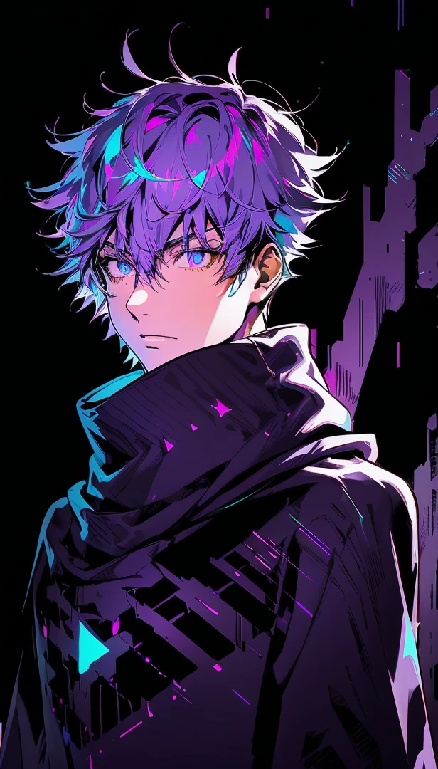 realistic,shiny,reflective,bioluminic, galactic cybernetic mask,mecha,(assassin:1.2),((((scarf,long cloak)))),sh4g0d,GlowingRunes_red,fullbody,cinemnatic,dark background,backlight,high contrast,((Yellow and Purple eyes)) ((Purple Hair))