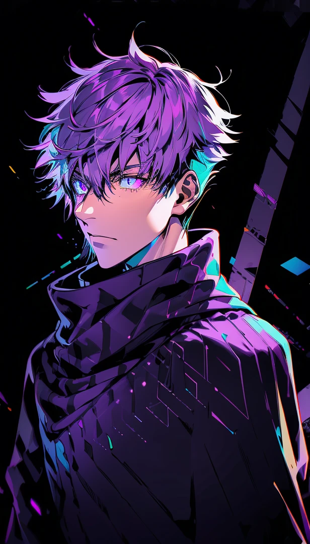 realistic,shiny,reflective,bioluminic, galactic cybernetic mask,mecha,(assassin:1.2),((((scarf,long cloak)))),sh4g0d,GlowingRunes_red,fullbody,cinemnatic,dark background,backlight,high contrast,((Yellow and Purple eyes)) ((Purple Hair))