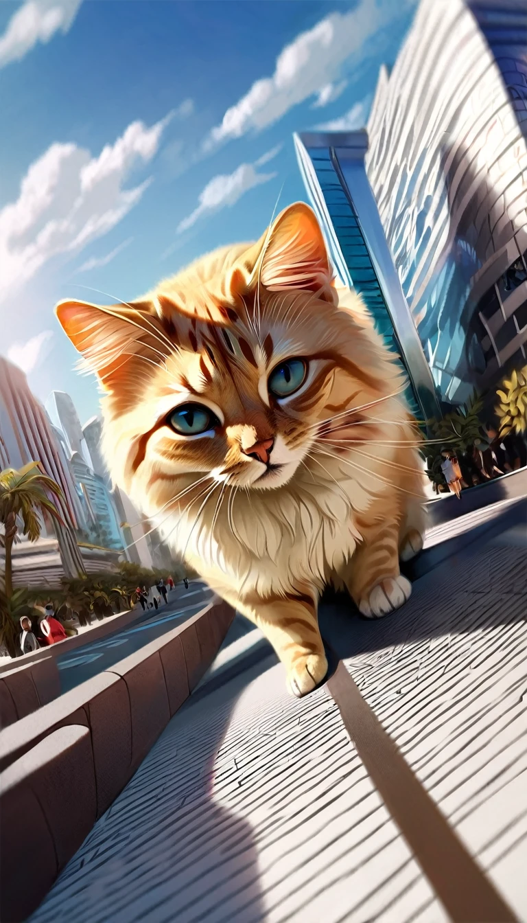 huge cat, Detailed and delicate fur, The finest transparency, Reproduces a realistic fluffy feeling, Very delicate and soft fur, tickles, BREAK Ultra-Mini Scale Background, City Walk, Avoiding the buildings, (dynamic shot from above:1.3), 