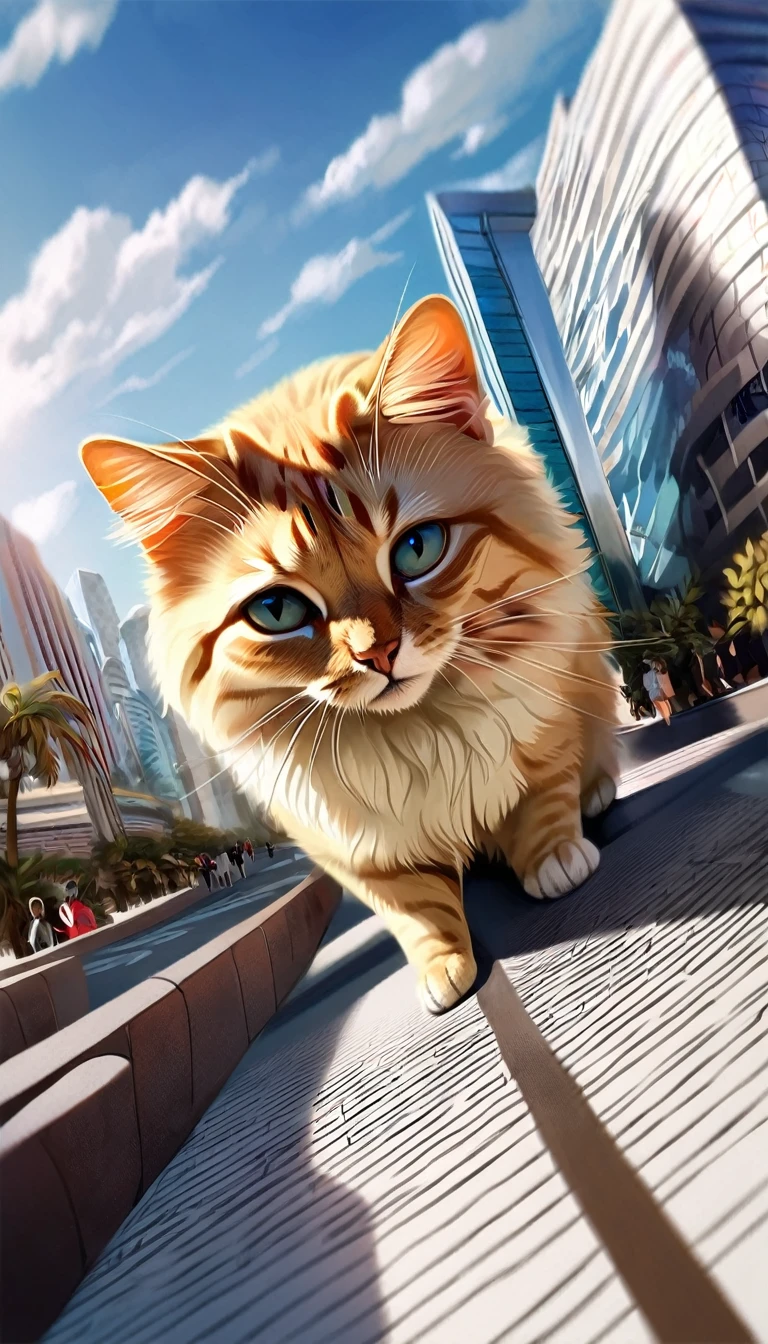 huge cat, Detailed and delicate fur, The finest transparency, Reproduces a realistic fluffy feeling, Very delicate and soft fur, tickles, BREAK Ultra-Mini Scale Background, City Walk, Avoiding the buildings, (dynamic shot from above:1.3),