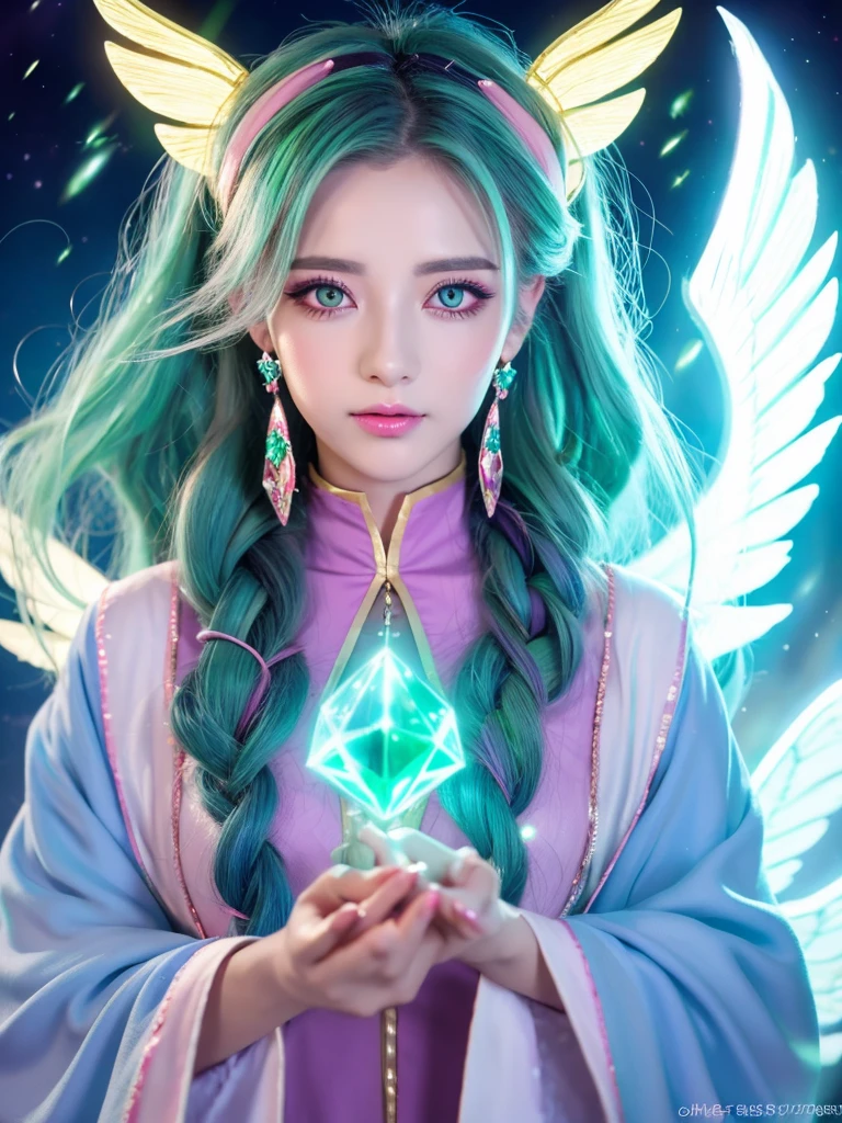 ((highest quality)), ((masterpiece)), (detailed), Perfect Face,kind,Healing,Alluring,fortune teller,Fantastic,vivid,Long Hair,front,Gal,Flashy hair,Wizard,Anime style robe,Pink Eyes,Eyelashes,(Blue Green),Angel Wings,Large earrings,crystal,