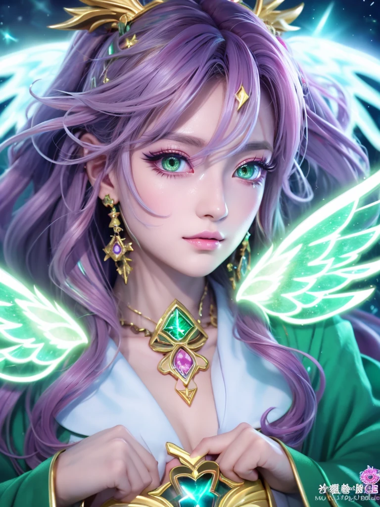 ((highest quality)), ((masterpiece)), (detailed), Perfect Face,kind,Healing,Alluring,fortune teller,Fantastic,vivid,Long Hair,front,Gal,Flashy hair,Wizard,Anime style robe,Pink Eyes,Eyelashes,(Blue Green),Angel Wings,Large earrings,crystal,