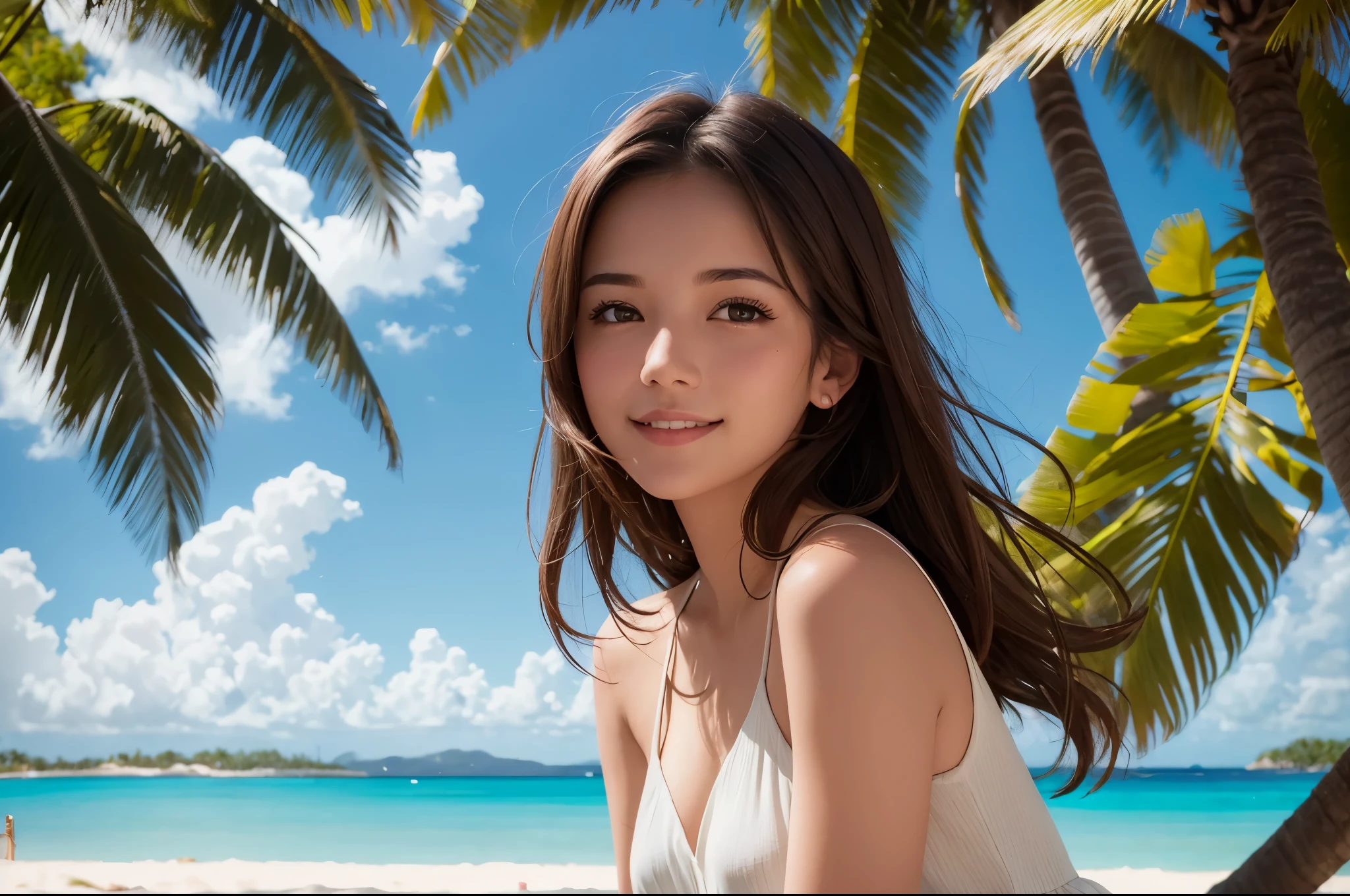 portrait of a girl, brown hair, smile, close up, on a tropical beach, palm trees in the background, clear blue sky, turquoise water, white sand, summer dress, sunlight, soft shadows, vibrant colors, highly detailed, realistic, 8k resolution