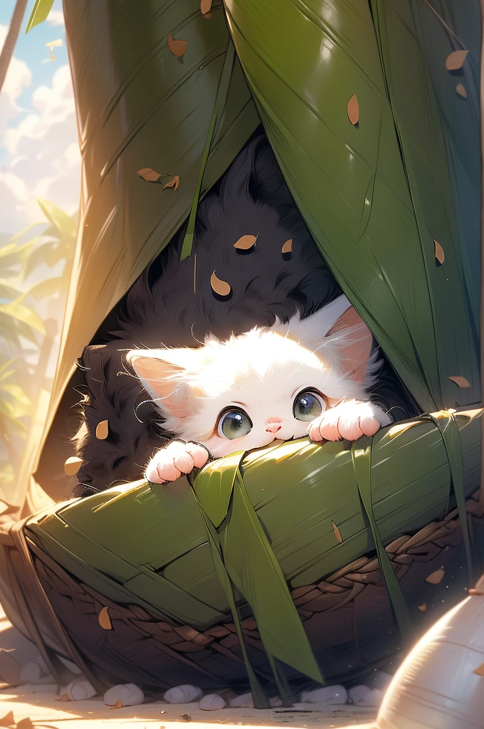 (masterpiece，Best quality：1.2），A kitten，Small hill，Rochas，Tree，no-humans，cliff