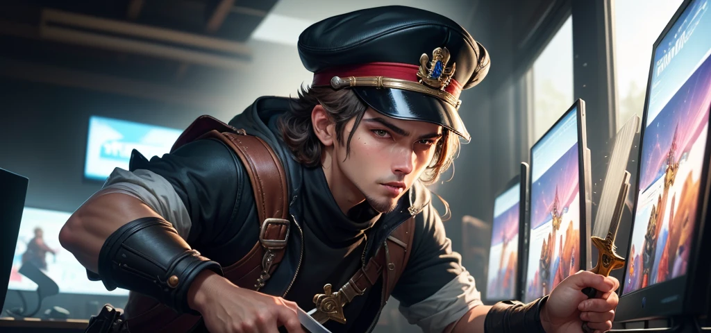 ((best qualityer)), ((work of art)), (detailded), Man in black cap, holding an epée, (Artgerm inspired:1.2), (winner of the pixiv contest:1.1), (Monitors:1.3), (Frenetic art style:1.2), LUTINIKS em close, gaming, (Warrior with cap forward:1.1), (Sword on the side:1.2), LUTINIKS WRITTEN ON THE SCREEN, (teclados e mouses:1.1), 8K resolution