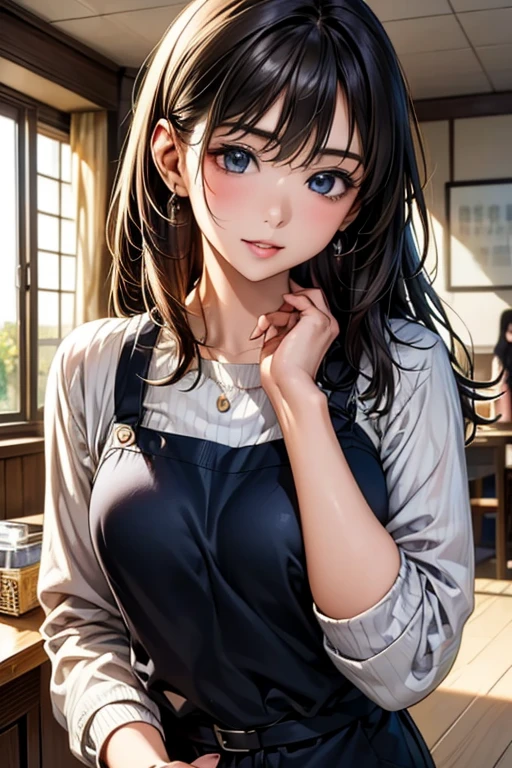 ((Highest quality)),(超High resolution),(Very detailed),(Detailed Description),((The best CG)),(masterpiece),Ultra-detailed art、(Highest quality、8k、32K、masterpiece)、(Realistic)、(Realistic:1.2)、(High resolution)、Very detailed、Very beautiful face and eyes、1 female、Tight waist、Delicate body、(Highest quality、Attention to detail、Rich skin detail)、(Highest quality、8k、Oil paints:1.2)、Very detailed、(Realistic、Realistic:1.37)、Bright colors、Beautiful Japanese Women、Detailed face、Smooth Skin、Big Breasts、
"Part-time housewife working at a supermarket、We wear practical and comfortable uniforms。She is light blue、pink、green、またはnavyの吸湿速乾性と通気性のあるポロシャツを着ており、Features a simple logo and ribbed collar.。Bottoms are、black、navy、Khaki is durable、Stretch straight or tapered pants。Please wear a front apron or full-coverage apron of the same color.、The pockets contain small items。靴はblackまたはnavyのクッション性の高いスニーカーまたはフラットシューズを履いています。Add accessories with a simple belt、Pin a name tag to a shirt、This includes、This includes understated jewelry such as wedding rings and simple earrings.。.。If necessary, Wear a light cardigan or jacket.、Use a hair net or headband for long hair。She's bright, clean, A neat and tidy supermarket environment.、Replenish shelves with products、Customer Relations、I work at the cash register..。Fresh ingredients everywhere、Food on the shelves、You can see that the products are neatly arranged.。"