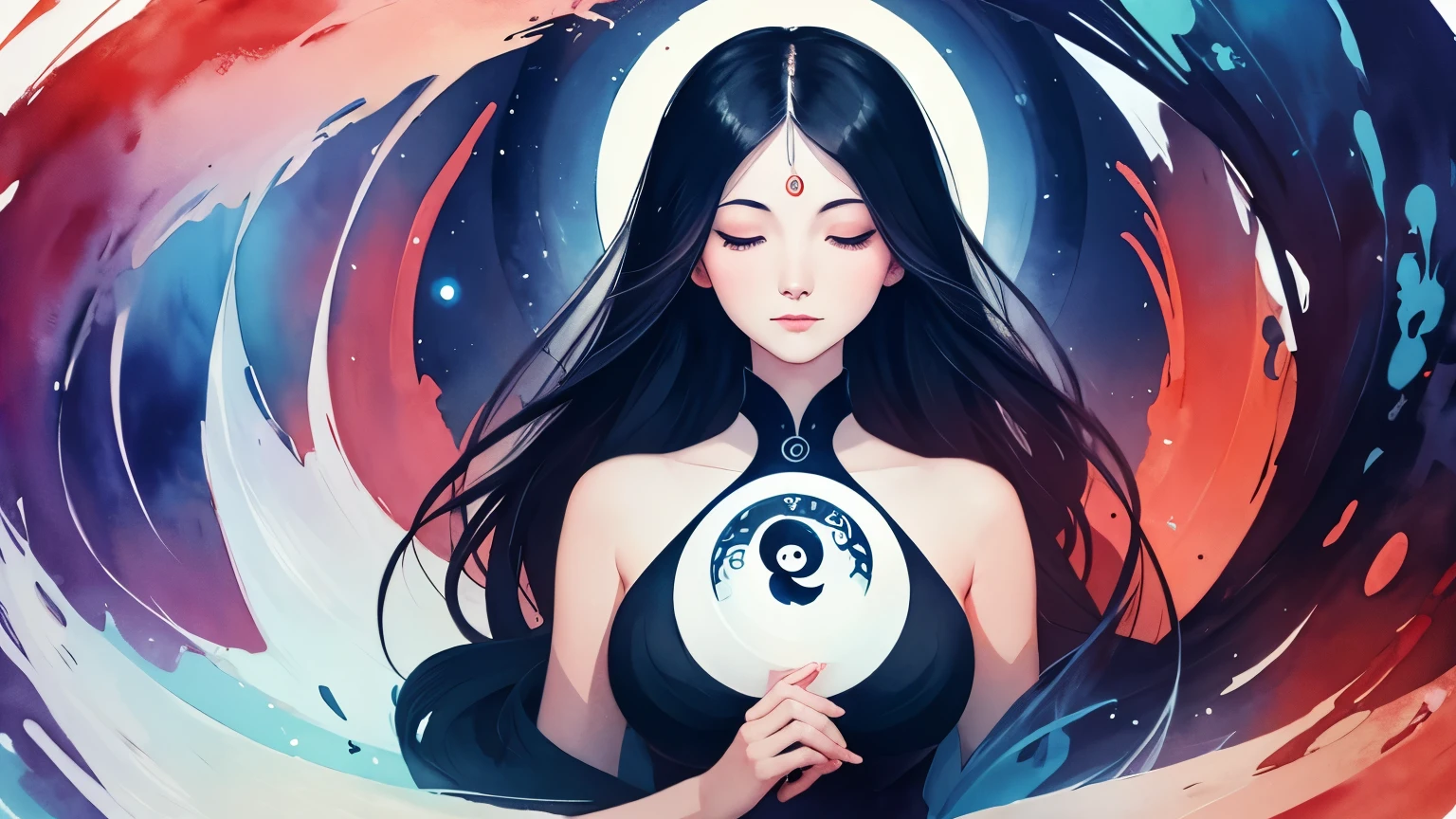 Human silhouette with yin yang symbol in chest area, emanating waves of balance and harmony, abstract representation of emotions, watercolor effect, serene colors