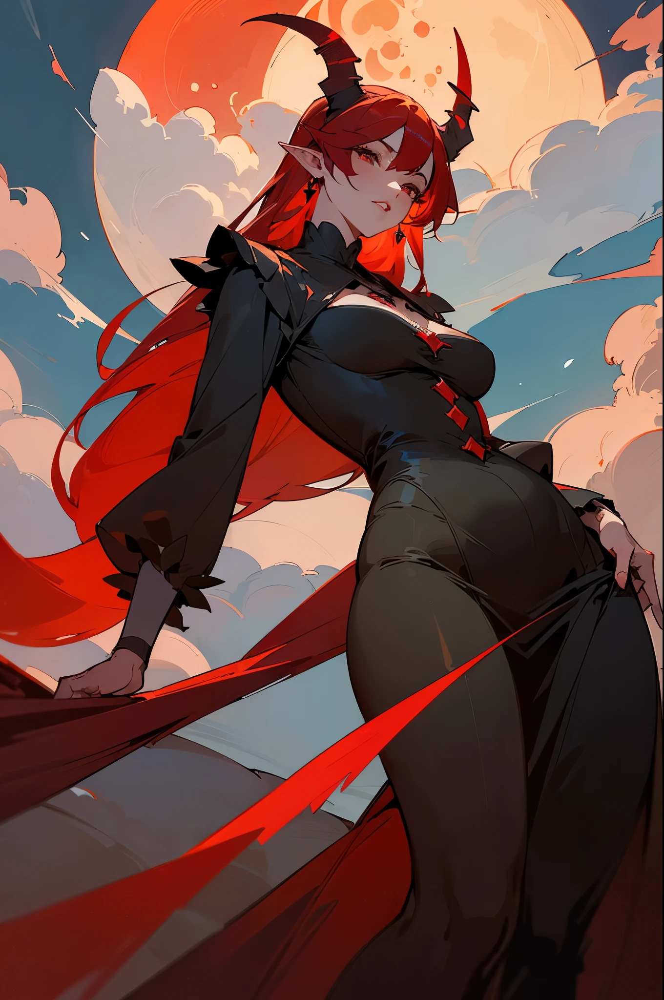 Professional, Highly Detailed, ((High Quality: 1.0)), ((Masterpiece: 0.3)), ((Night)) ((Dense foresty area with clouds and moon over head: 1.5)) (soft light coming off of moon: 1.0), ((anatomically correct: 0.6)), (Fair skin), Voluptuous, Sexy, Busty, Detailed long red/black dress with (red: 1.5) long sleeves, Plump_butt, (Front facing), Standing, Long black/orange hair, (Red: 1.0) glowing eyes, pointy ears, (Red: 1.5) demon horns, Ultra-detailed face, Highly Detailed Lips, Detailed Eyes, Female_demoness, rha30,pie eyes,
