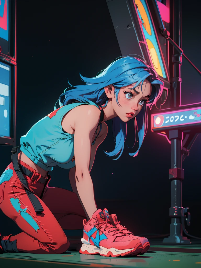 (ultra quality, 4k, 8k, high resolution, masterpiece: 1.2), ultra detailed, (realistic, photorealistic, photorealistic: 1.37) a sexy and young and beautiful woman, video game professional, light brown eyes, snub nose, semi-thick lips, pink and blue hair, slim body, full body, large eyes, wears a black sleeveless shirt, wears short jeans, red tennis shoes, He is in a video game room, the room has colored neon lights