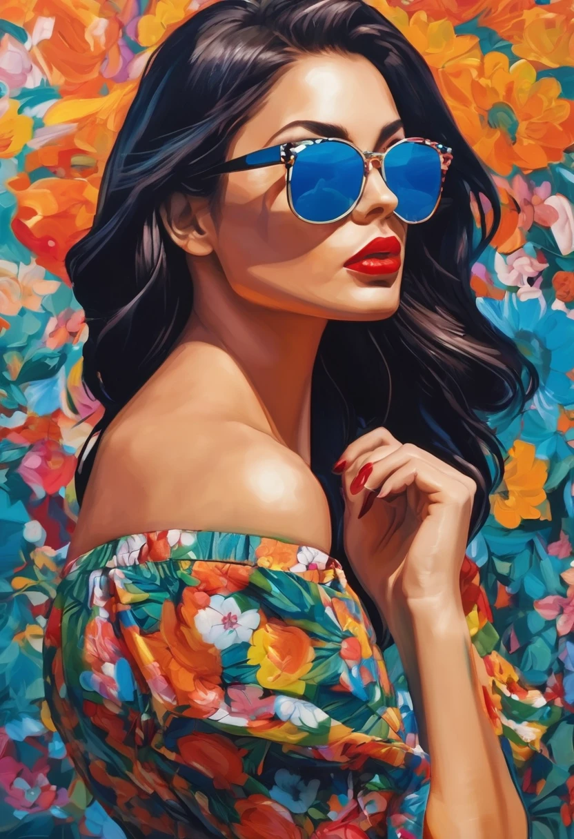 close-up of a beautiful woman with sunglasses, in an expressionist way, in a brave and impressive way, with flowery and pop cultural clothes, in a work of art way, Iridescent, midjorney, 8k., cleavage, short skirt