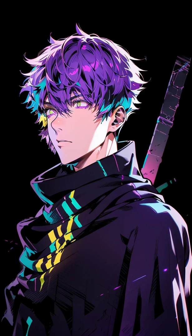 realistic,shiny,reflective,bioluminic, galactic cybernetic mask,mecha,(assassin:1.2),((((scarf,long cloak)))),sh4g0d,GlowingRunes_red,fullbody,cinemnatic,dark background,backlight,high contrast,((Yellow and Purple eyes)) ((Purple Hair))