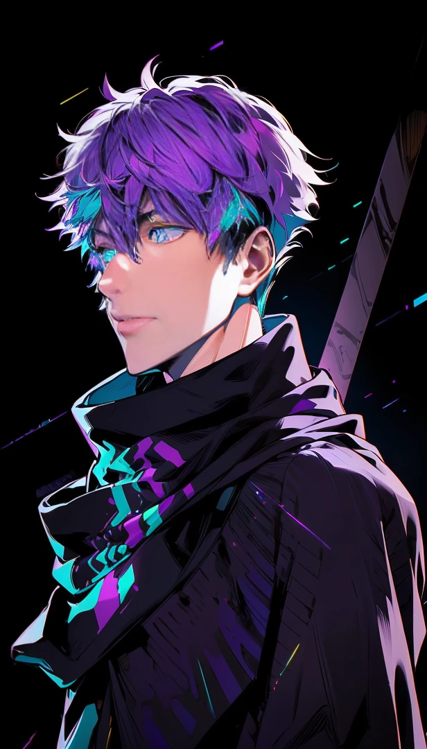 realistic,shiny,reflective,bioluminic, galactic cybernetic mask,mecha,(assassin:1.2),((((scarf,long cloak)))),sh4g0d,GlowingRunes_red,fullbody,cinemnatic,dark background,backlight,high contrast,((Yellow and Purple eyes)) ((Purple Hair))