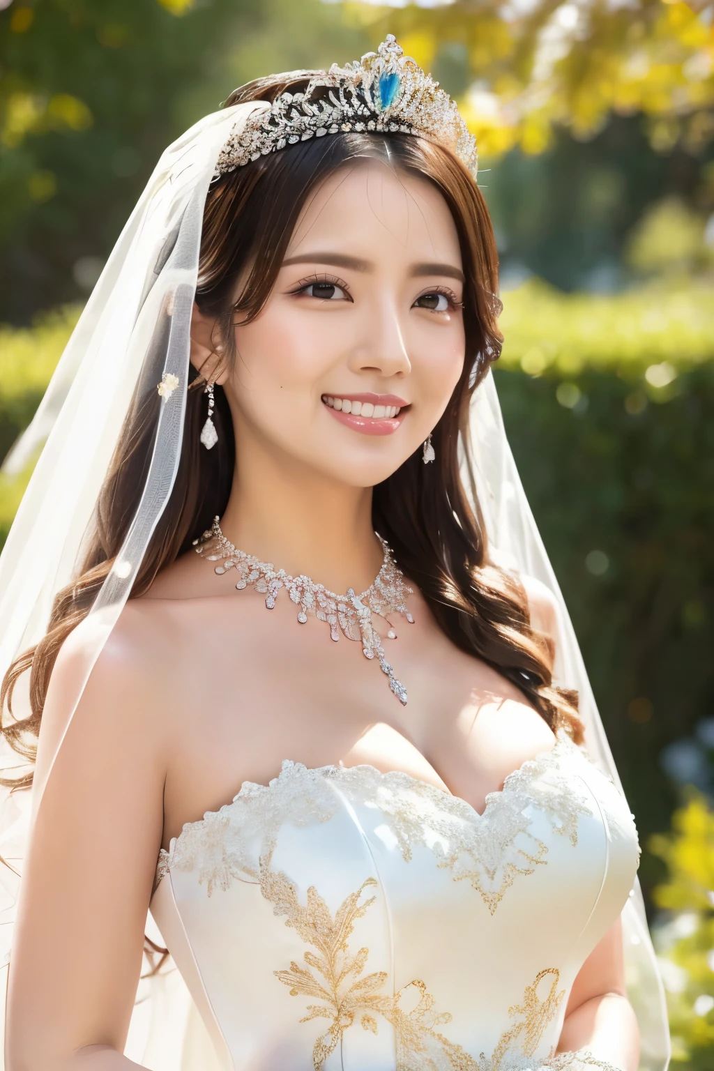 (Highest quality、Tabletop、、Best image quality、Award-winning works)、One beautiful bride、(alone:1.1)、(The most extravagant and gorgeous huge pure white wedding dress:1.2)、(Perfect Wedding Lace:1.2)、(The most gorgeous and luxurious giant tiara:1.3)、(The most extravagant and luxurious giant necklace:1.3)、The finest jewellery decoration、Perfect Makeup、Long eyelashes、Ultra HD Shining Eyes、Ultra HD Hair、Ultra High Resolution Glossy Lips、Beautiful face in ultra-high definition、(Accurate anatomy:1.1)、Very bright and beautiful skin、very bright and vivid、Perfect beautiful bridal hairstyles、(Front facing body:1.1)、(The simplest solid color background:1.1)、(Voluptuous body:1.1)、(Large Breasts:1.1)、(Cleavage:1.1)、smile、Beautiful Teeth