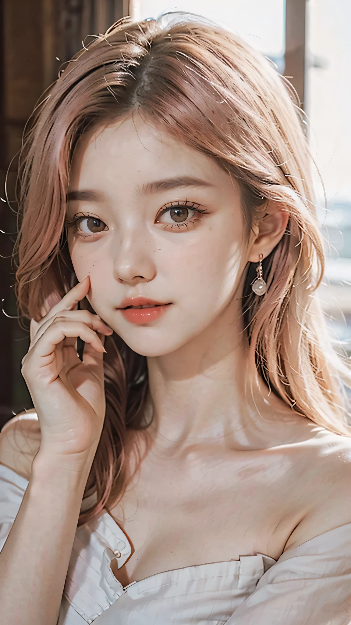 A gentle and lovely Chinese beautiful woman, delicate sexy collarbone, charming goose egg face, double eyelids, smart peach blossom eyes, pink lips, small upturned nose, bare shoulders, focused face, face close-up, ultra HD, super detail, full body photo, ultra-thin translucency, pink hair optimal proportions four fingers and one thumb, cat ears