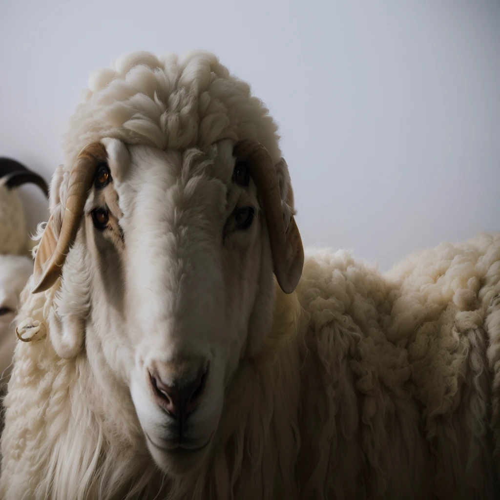 there are two sheep standing next to each other in a room, sheep, sheep wool, captured with sony a3 camera, 一只山sheep, Male Type, Look directly into the camera, looking towards camera, Shot with Sony a7r camera, Shot with Sony Alpha 9, Shot with Sony A7, sheep肉和山sheep融为一体, 人sheep杂交