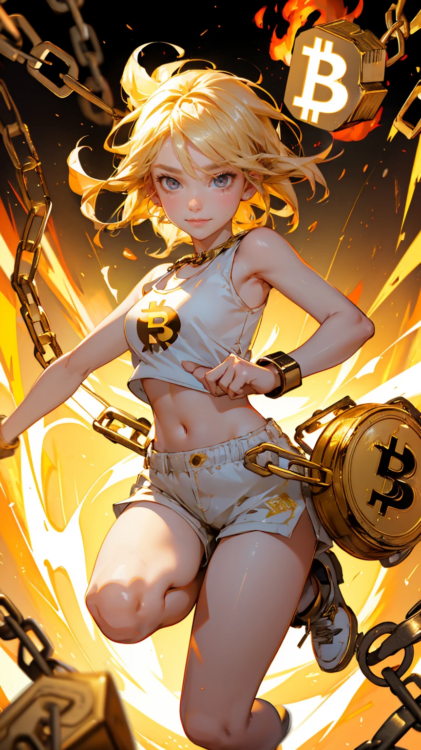 A cute girl, wearing white tank top and shorts with  her  mouth open in surprise running away from gold coins on fire with yellow background. There is also an angry face looking at the camera. The ground around  her has many Bitcoin logos. In front of it chains that fall to one side. 