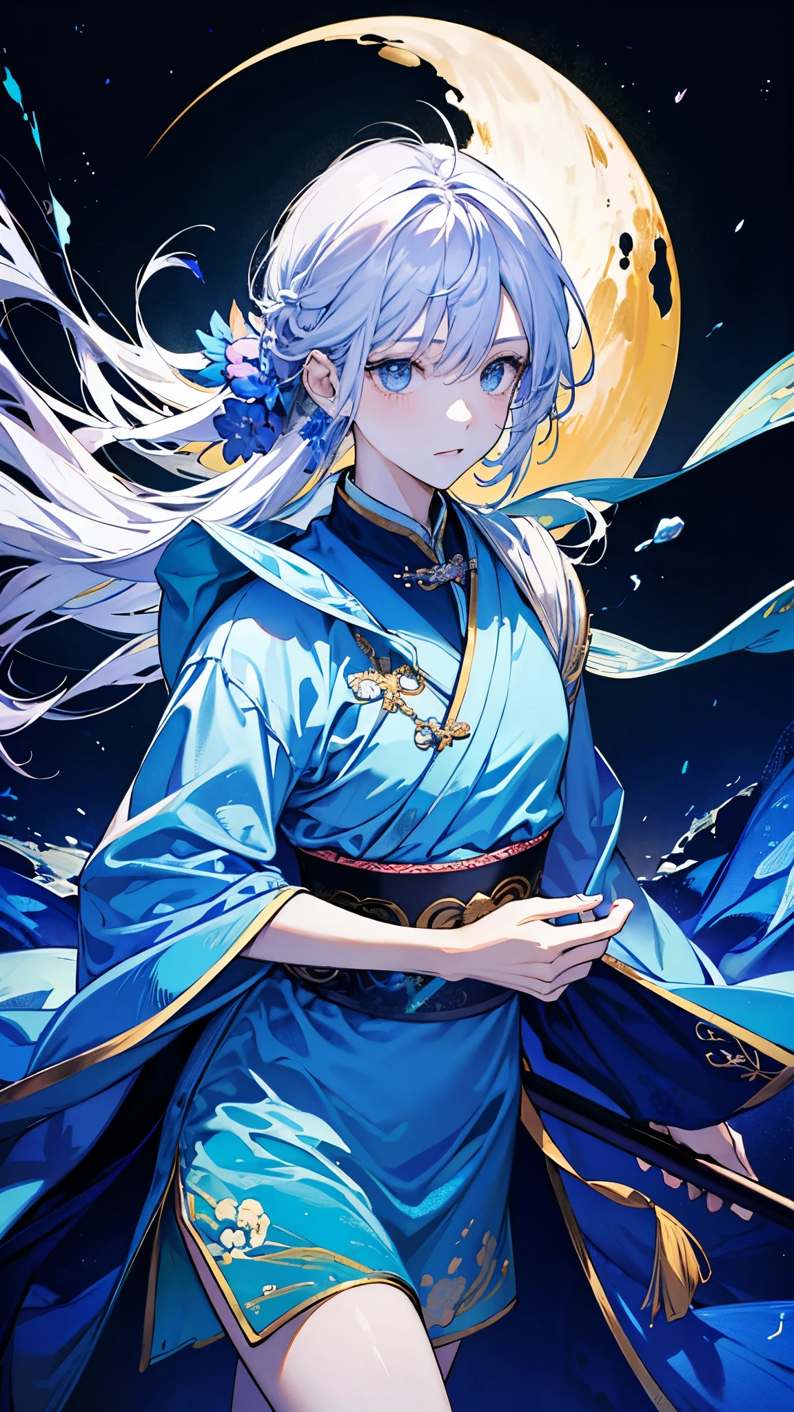白銀の髪が風にDancing、A woman wearing a black kimono、A beautiful big round moon、A beautiful lake in the forest in the background、水滴がDancing、銀colorの髪飾りをしている、night、enamel,agate,肌colorの世界,Blood Blue Maiden 32k(masterpiece,Kilo,Aoyama Pond,Hyper HD,32K)Long, flowing silvery hair,Blood Pond,bloom, color,Sulky (Post ???? Scarf), Dancing, looking at the ground, Long white hair, Floating bright blue, Gold tiara with fire cloud pattern, 日本の着物の金絹の黒colorの衣服, (Abstract Metaverse Splash:1.2), White background,Peony flower, guardian of vitality(Realistically:1.4),明るい銀colorの髪,Smoke on the road,The background is pure, High resolution, detailed, RAW Photos, sharp, Nikon D850 film stock photo by Jefferies Lee 4 Kodak Portra 400 camera F1.6 shots, 豊かなcolor彩, Ultra-realistic vivid textures, Dramatic lighting, Unreal Engine Art Station Trends, Cinestia 800,A girl with long, flowing, bright silver hair,giant colorful bubbles、princess、kimono