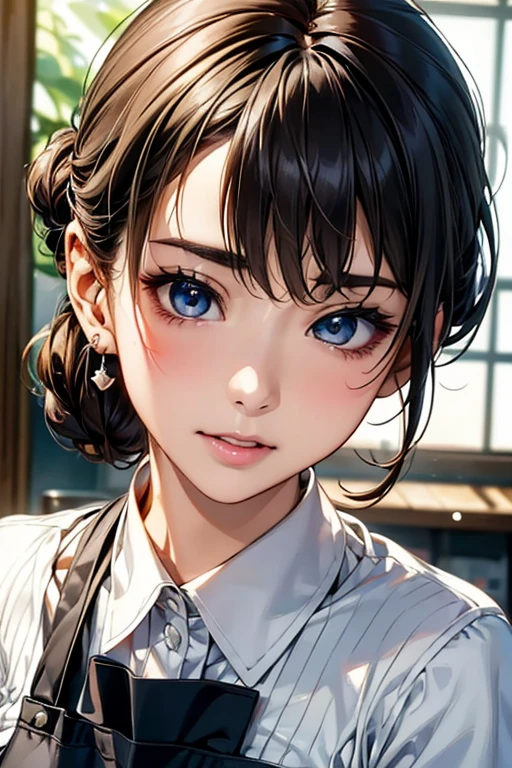 ((Highest quality)),(超High resolution),(Very detailed),(Detailed Description),((The best CG)),(masterpiece),Ultra-detailed art、(Highest quality、8k、32K、masterpiece)、(Realistic)、(Realistic:1.2)、(High resolution)、Very detailed、((Very beautiful face and eyes、Chignon:1.6))、1 female、Tight waist、Delicate body、(Highest quality、Attention to detail、Rich skin detail)、(Highest quality、8k、Oil paints:1.2)、Very detailed、(Realistic、Realistic:1.37)、Bright colors、Beautiful Japanese Women、Detailed face、Smooth Skin、Big Breasts、
"Part-time housewife working at a supermarket、We wear practical and comfortable uniforms。She is light blue、pink、green、またはnavyの吸湿速乾性と通気性のあるポロシャツを着ており、Features a simple logo and ribbed collar.。Bottoms are、black、navy、Khaki is durable、Stretch straight or tapered pants。Please wear a front apron or full-coverage apron of the same color.、The pockets contain small items。靴はblackまたはnavyのクッション性の高いスニーカーまたはフラットシューズを履いています。Add accessories with a simple belt、Pin a name tag to a shirt、This includes、This includes understated jewelry such as wedding rings and simple earrings.。.。If necessary, Wear a light cardigan or jacket.、Use a hair net or headband for long hair。She's bright, clean, A neat and tidy supermarket environment.、Replenish shelves with products、Customer Relations、I work at the cash register..。Fresh ingredients everywhere、Food on the shelves、You can see that the products are neatly arranged.。"