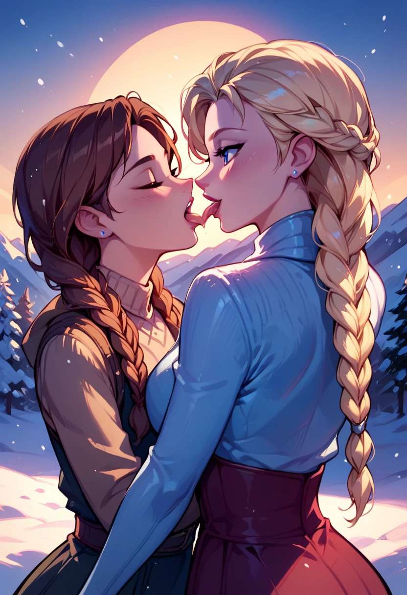 score_9, score_8_up, score_7_up, score_6_up, 2girls, elsa (blonde hair, braid:1.1) and anna (brown hair, braided pigtails:1.3),, romantic scenes, on dates, frolicking in the snow, lovers, in love, cinematic lighting,, sunset, cowboy shot.